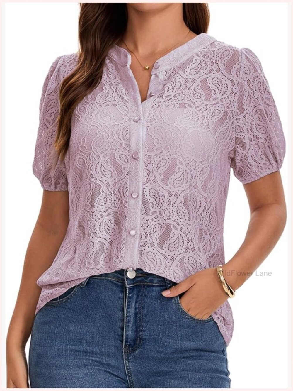 Womens Lace Eyelet Blouse Short Sleeve V Neck Resort Wear Top